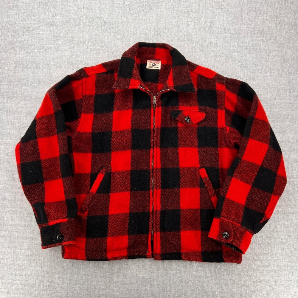 VTG‎ Chill Chaser Buffalo Plaid Wool Jacket Men L 44" Red Black Cabin Talon Zip